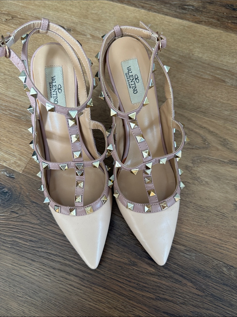 Valentino Pink and Nude Rockstud Pointed-Toe Slingback Heels